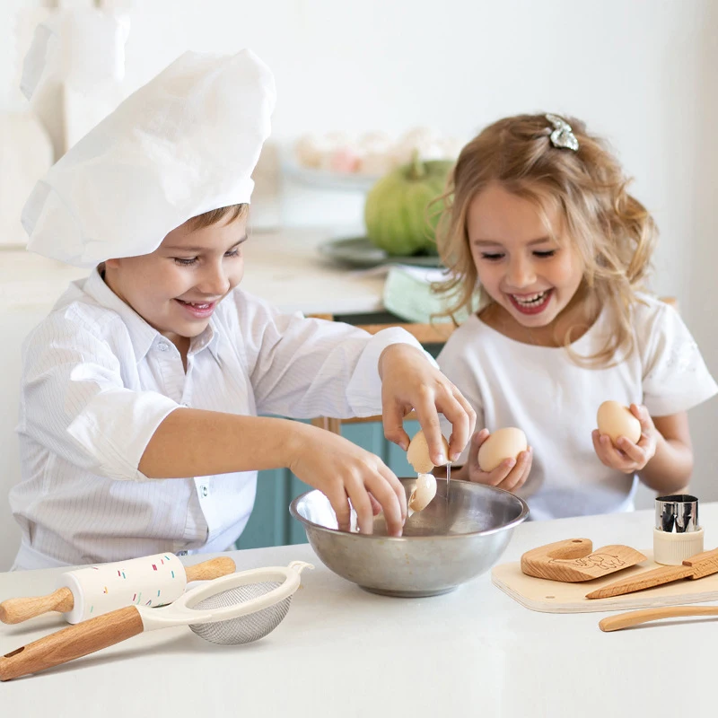 10 PCS Toddler Montessori Kitchen Tools Nature Wood Utensil Wooden Kids Safe Knife and Kids Baking Set for Real Cooking
