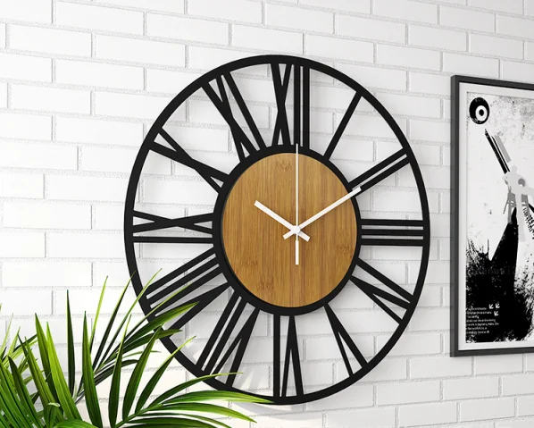 Decorative Rustic Round Metal Roman Numeral Farmhouse Wall Clock With Wood Face for Living Room Decor