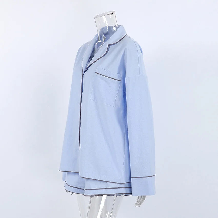 Women Cotton Pajama Set Long Sleeve Turn Down Collar Shorts Sleepwear Custom Embroidery Loungewear — detail