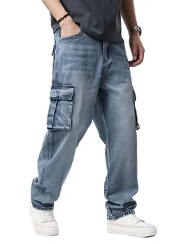 blue baggy  multi pockets  Jeans for Men Straight Fit, Men's Comfy Stretch Ripped Distressed Biker Jeans Pants Rock Revival