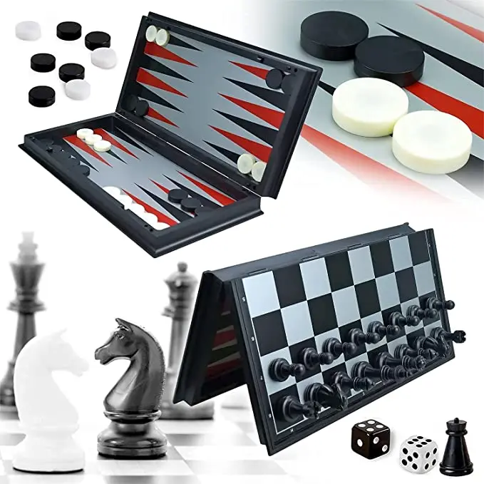 Chess Travel 3-In-1Magnetic Board Game Portable Set Toy Black & White 12.5”Set 