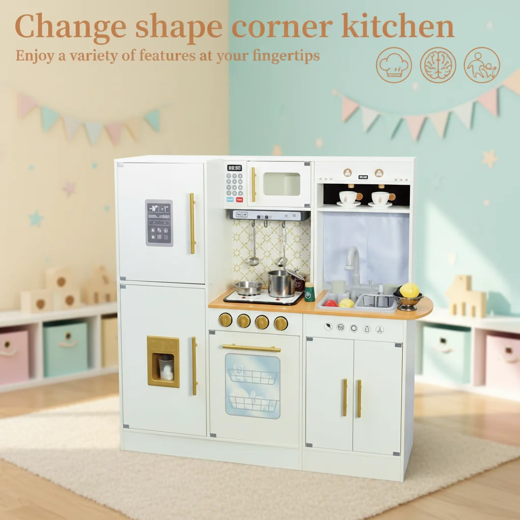 Qiaike Large Wooden Kitchen Toys Set with Pretend Play Cooking Appliances Change Shape Corner Design Realistic for Kids