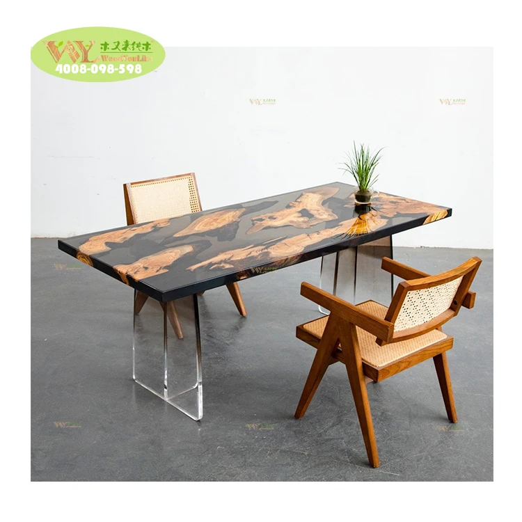 Table à Manger Moderne En Bois D'Olivier Et Résine Epoxy - Noire - 120x70 Cm