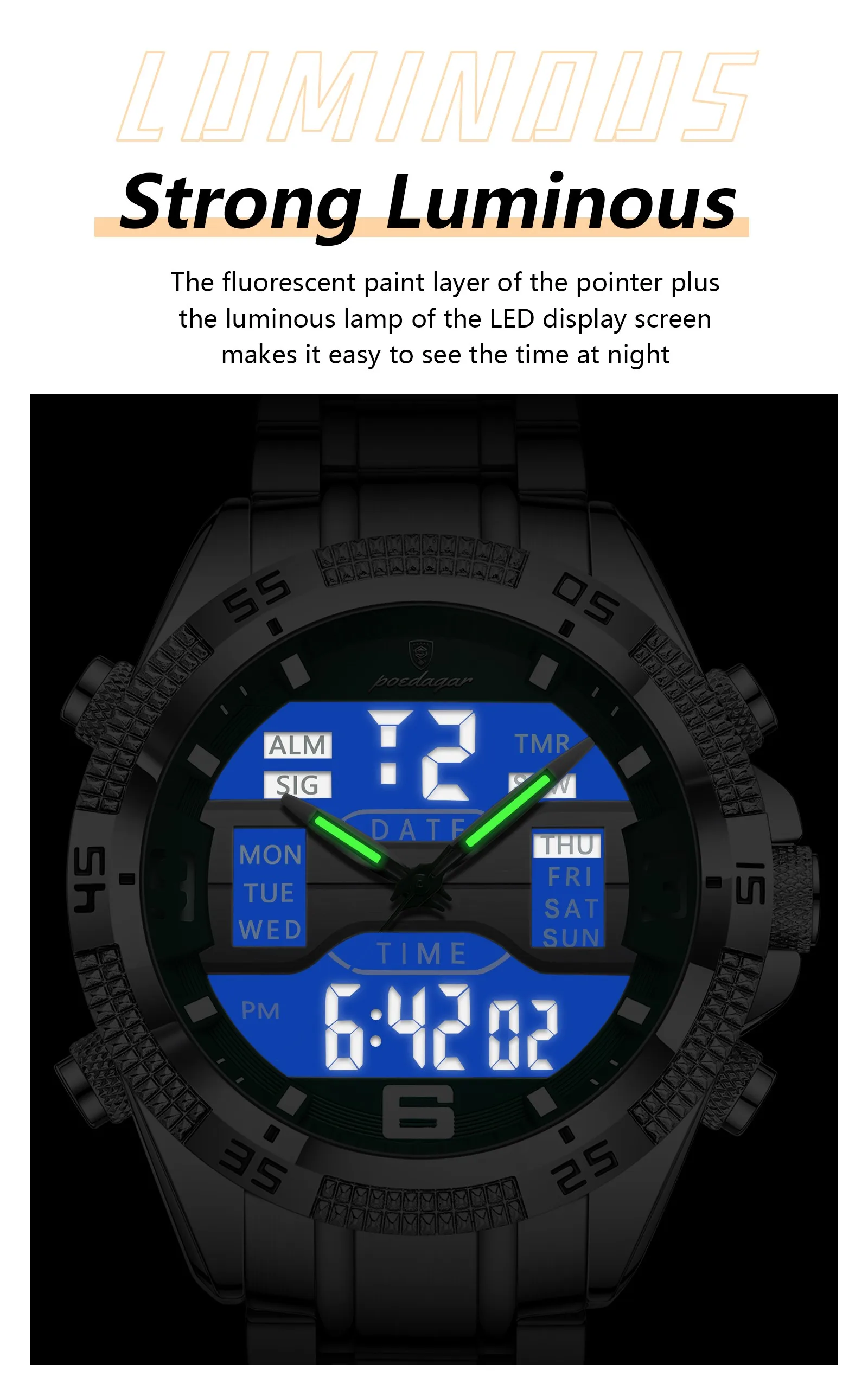 POEDAGAR E103 Waterproof Clock LED Men's Date Week Fashion Wristwatch Stainless Steel Strap Sport Quartz Watches Digital Watches