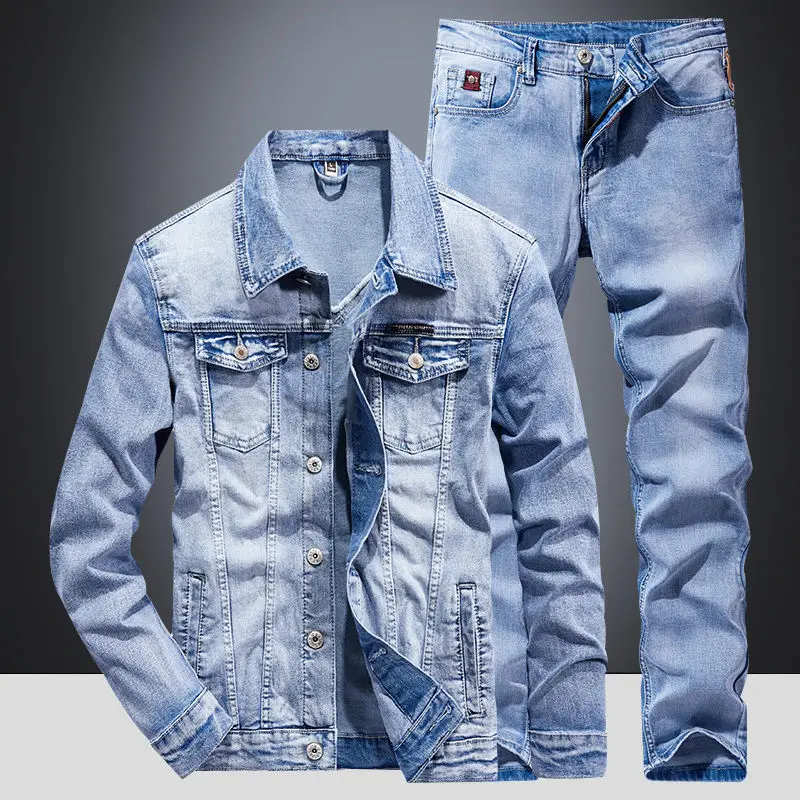Fashion Hot Selg Suit Custom Fiess Two Piece Set Men's Bicycle Denim Jacket and Jeans Fabric Casual Knitted_voghion.com