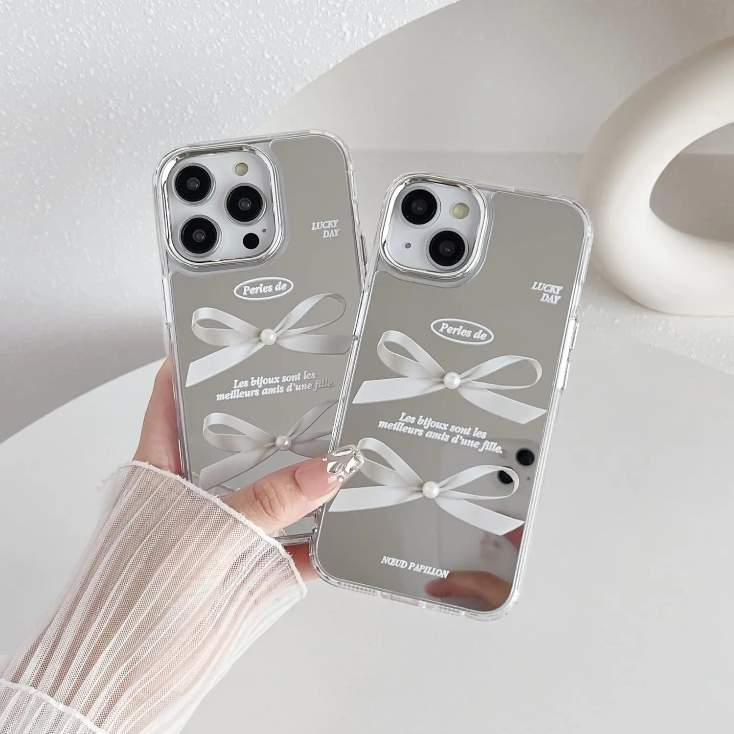 Luxury Case for iPhone 16 pro max Pearl Bow Plating Makeup Mirror Acrylic Design Fashion for Girls Women Cute