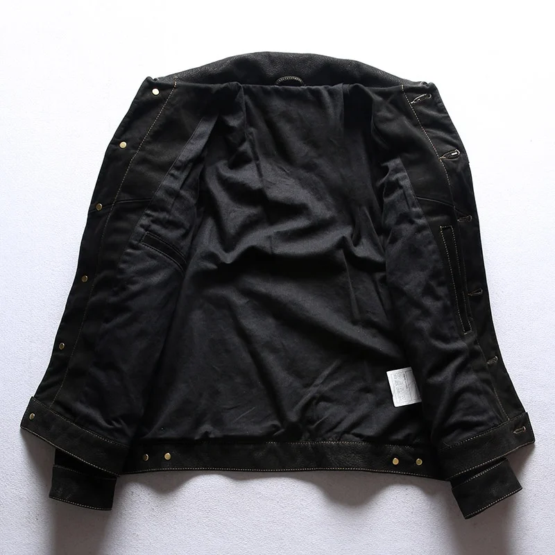 Turn-down Collar Men Cowhide Jacket Frosted Oil Wax Factory Direct Supply Casual Denim Leather Coat_voghion.com