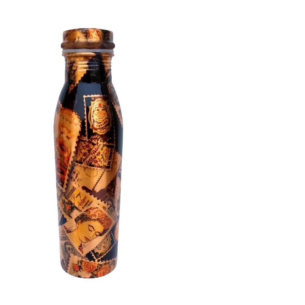 Large Funky Copper Metal With Modern Ticket Print Water Bottle Antique Copper Water  Bottle