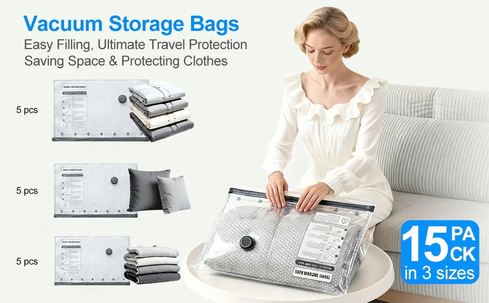 15pcs Premium Grey Foldable Vacuum Clothing Storage Bags Space-Saving Reusable Airtight Lightweight Durable for Wardrobe