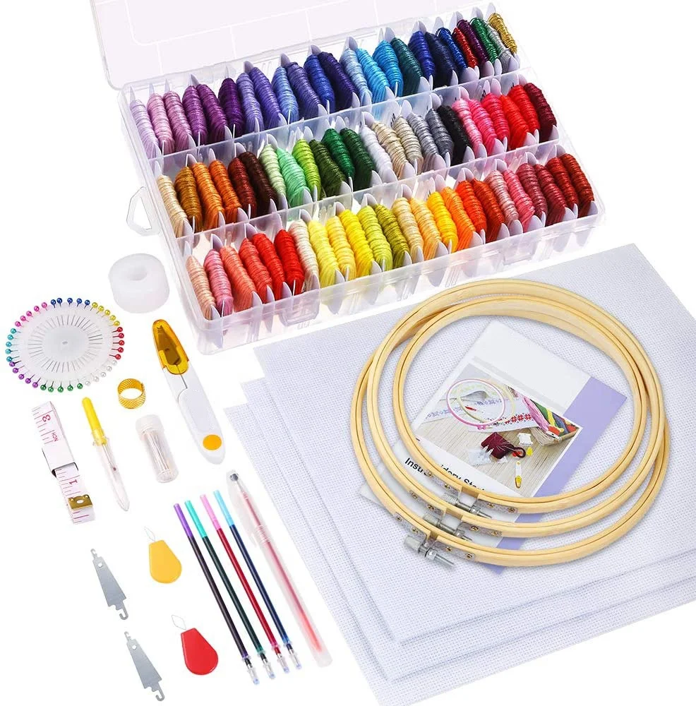 164 Pieces DIY Handcraft Needlework Embroidery Floss Cross Stitch Thread Hoop Kit