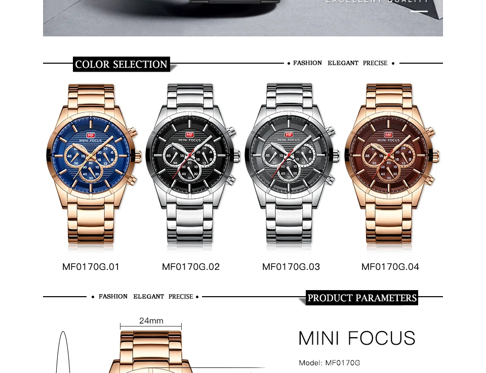 Mini Focus 0170G High Quality Men Quartz Watch Stainless Steel