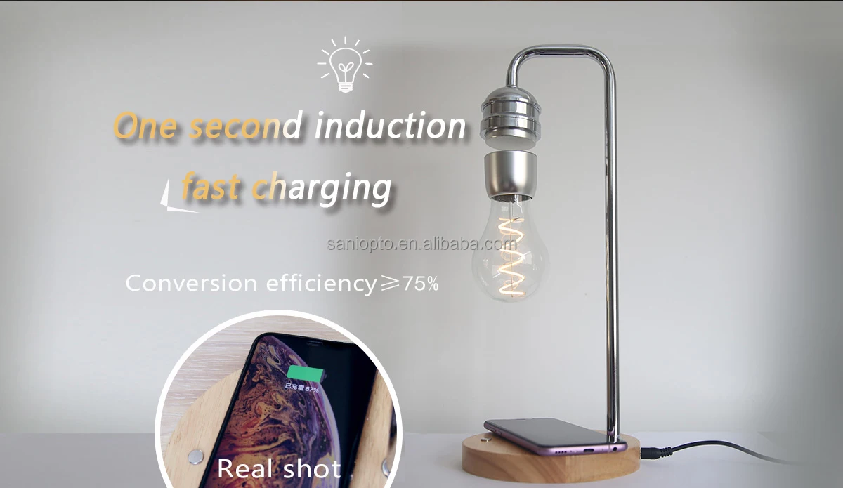 Magnetic Levitating Wireless LED Light Bulb With Phone Charger – Modern Silver Table Lamp