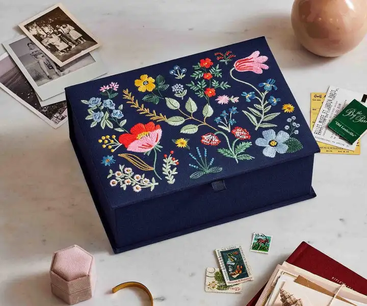 Blue Medium Embroidered Keepsake Box With Design Pattern Storage Photo Card Hand Embroidery Fabric Covered Jewelry Box