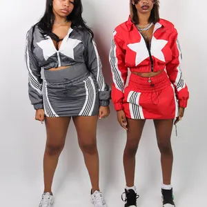 Huili Manufacturer Custom Logo Women Activewear Sets Color Block Patchwork Zip up Windbreaker Jacket Nylon Short Skirt TrackSuit