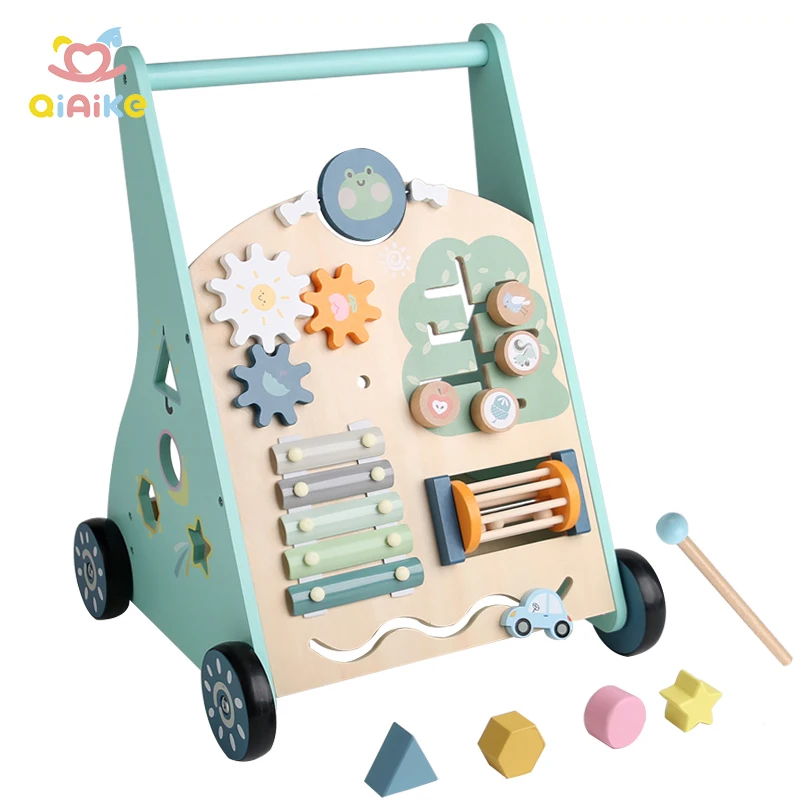 New Musical Baby Walker Push and Pull Learning Activity Center Walkers with Wheels Wooden Shopping Cart Toy for Boys and Girls