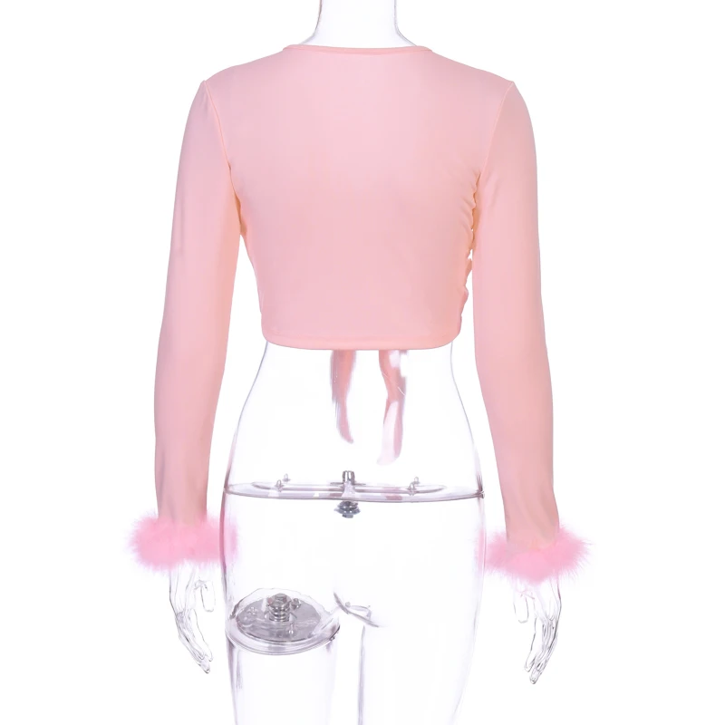 Black Pink Fur Long Sleeve Lace Up 