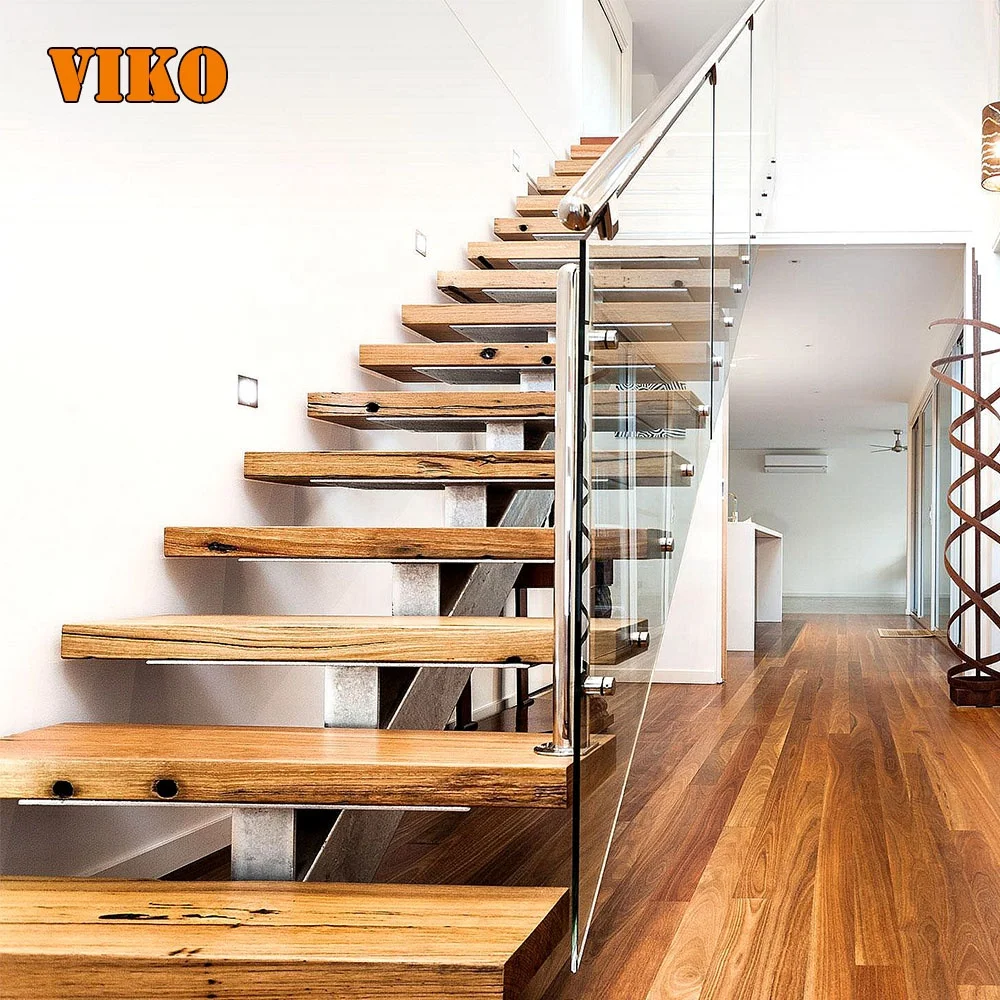 VIKO Modern Mild Steel Mono Stringer Stairs Solid Wood Tread Staircase