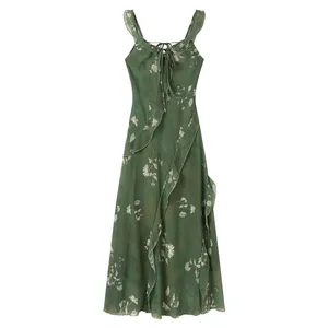 Holiday Midi Length High Waist Fit Flare Eco-Friendly V-neck Ruffles Patchwork Chiffon Floral Dress for Women Summer New Arrival