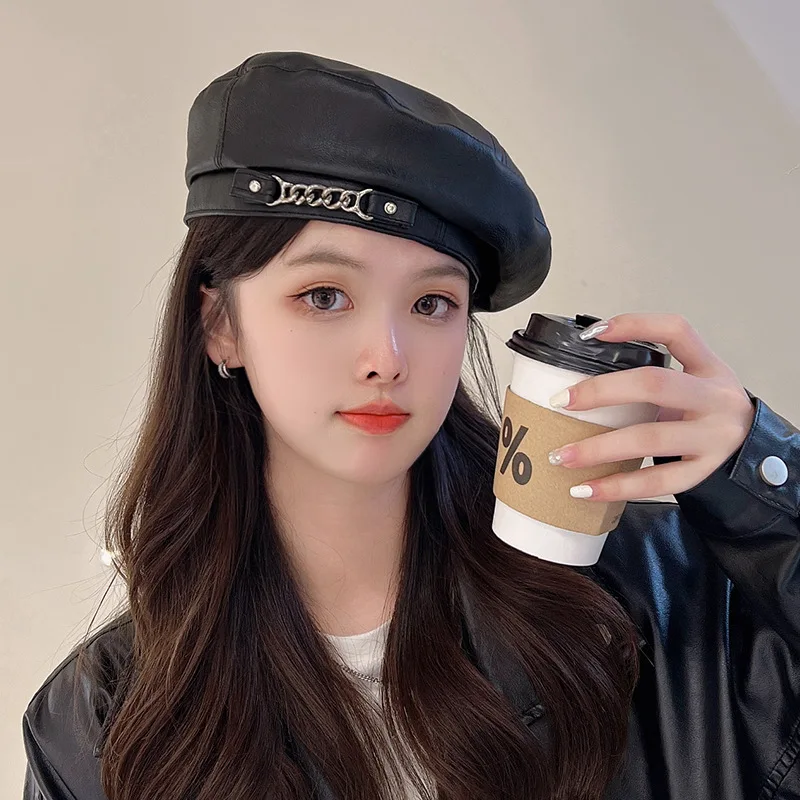 5647 Women’s Pu Leather Beret Hats French Style Artist Berets Caps Dress PU Leather Berets for Women French Beret Hats Artist Painter  main image 3