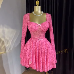 STOCK Print Long Sleeve Women Dress Satin Bow Details Casual Mini Dress Plus Size Dress S-2XL