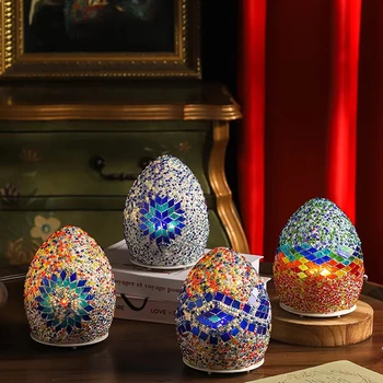 Glass Turkish Lamp Creative Decorative Wooden LED Bedroom Lamp Bohemian Table Lamp China Wholesale Rotary Mosaic Night Light