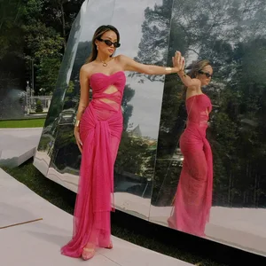 off Shoulder Women's Fashion Long Dress Mesh Sexy Tube Chest One-Character Collar Perspective Dresses Strap Slim Floor-Length