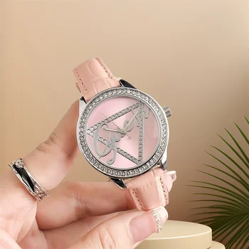 2024 hot sale classic design luxury diamond watch for women pink leather strap quartz girls wrist watch petite designer watches