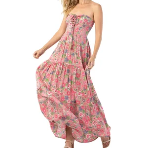 Custom High Quality Spring Summer Floral Print Tie-front Openwork Top with Pleats, Elegant Strapless  Maxi Dress
