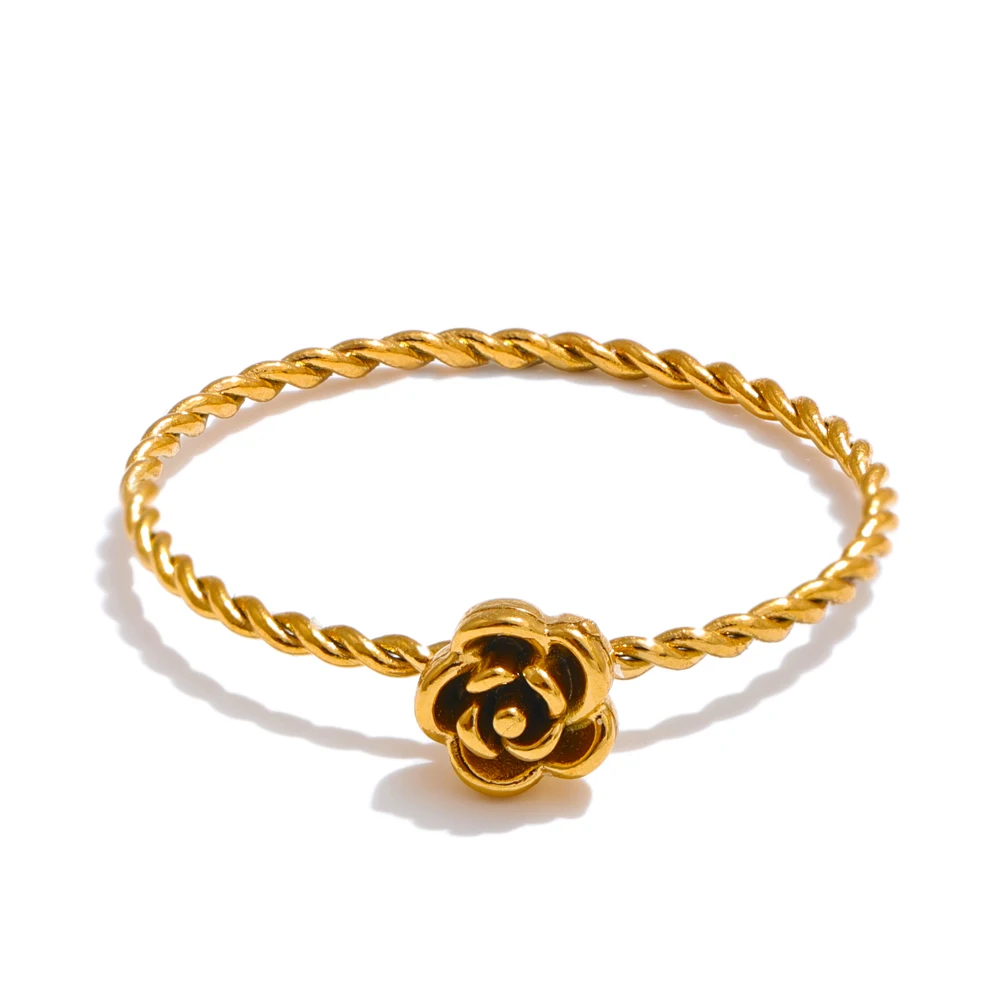 JINYOU 4799 Romantic Design 18K Gold Plated Cast Flower Ring PVD Stainless Steel Thin Finger Ring for Women Jewelry Gift