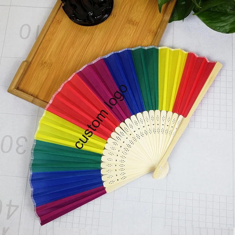 Custom logo Bamboo Folding Fans Rainbow Plastic Hand Large Clack Folding Bamboo Hand Fan  for Decoration and Wedding Gift