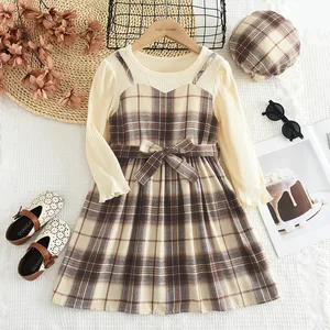 Autumn Spring Long Sleeve Casual Toddler Girls Dress Plaid Daily Wear with Round Neck Solid Pattern Plain Dyed Clothes for Kids