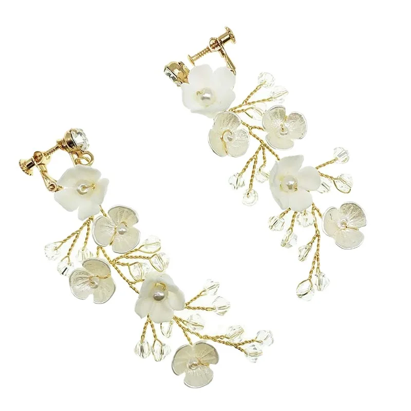 ROMANTIC Handmade Crystal Clip on Wedding Dangle Flower Bridal Earrings for Women