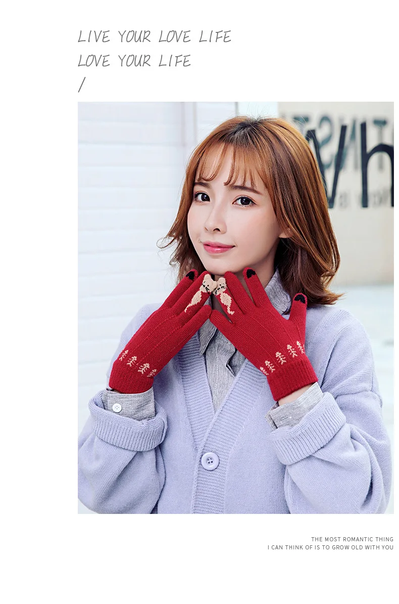 Vintage Christmas Deer Knitted Gloves Women Thicken Touch Screen Gloves Winter Warm Snow Full Finger Mittens Xmas Gift Women Fin