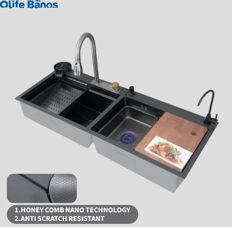 Olife Banos Customized  Big Large Size Customized  46 Inch 201/304 Sus Waterfall Two Double Bowl Kitchen Sink With  Cup Washer