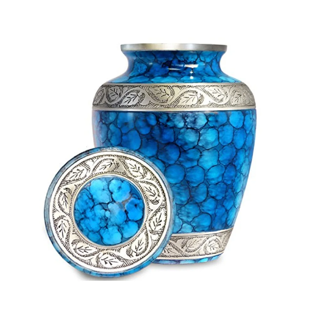 Solid Metallic Cremation Urn With Blue Fire Designed Keepsake Funeral