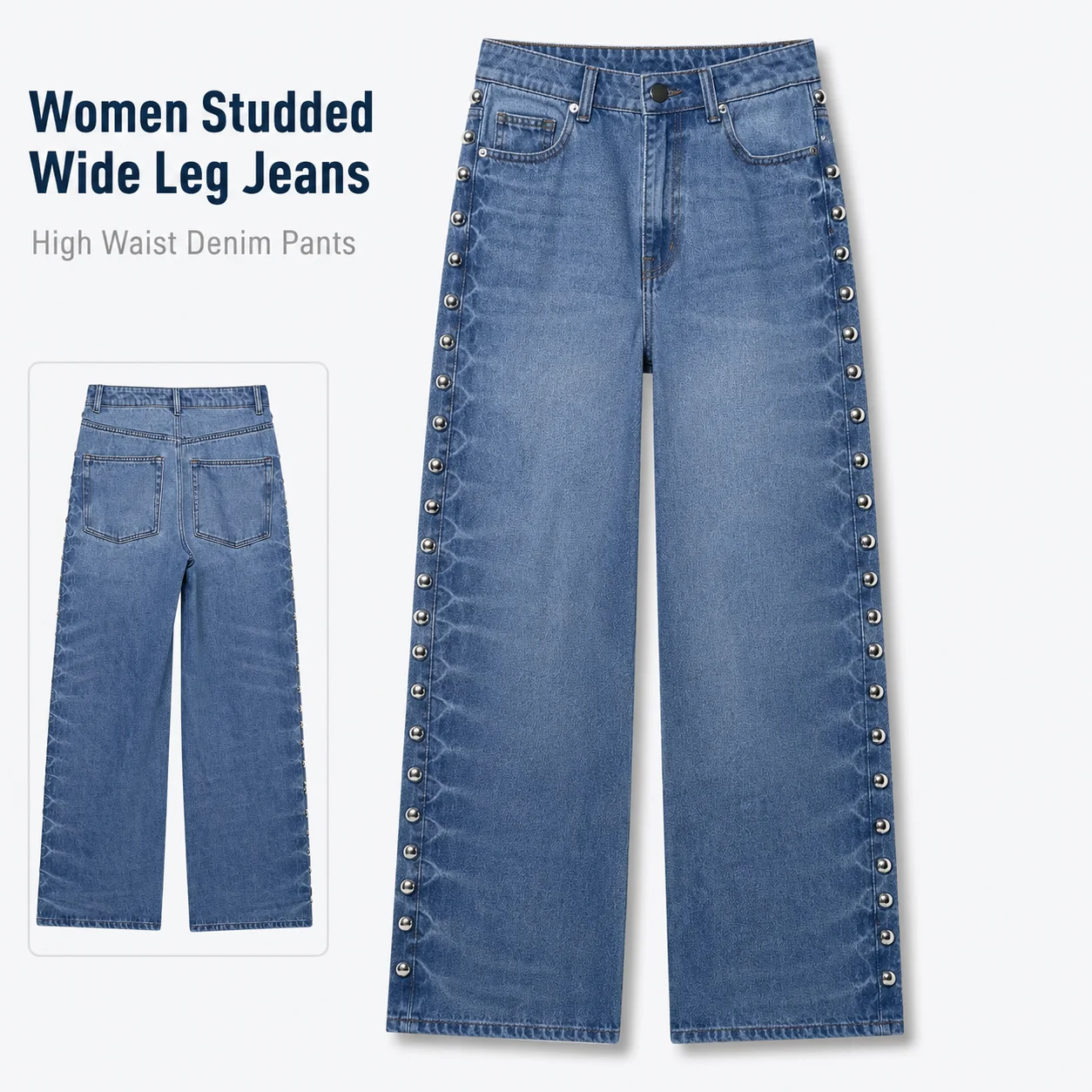 Women's High Waist Summer Vintage Street Loose Casual Long Pants Rivet Jeans