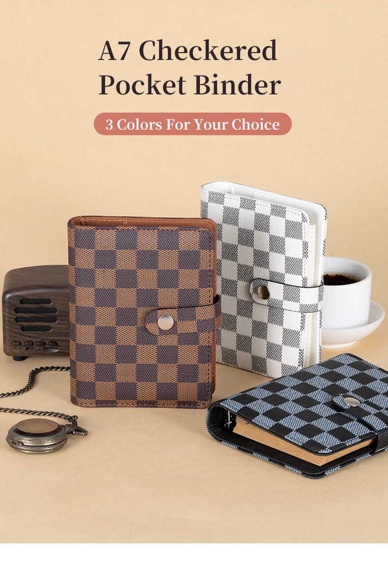 Checkered leather budget binder with 10 insert pockets-(Brown/Ivory)