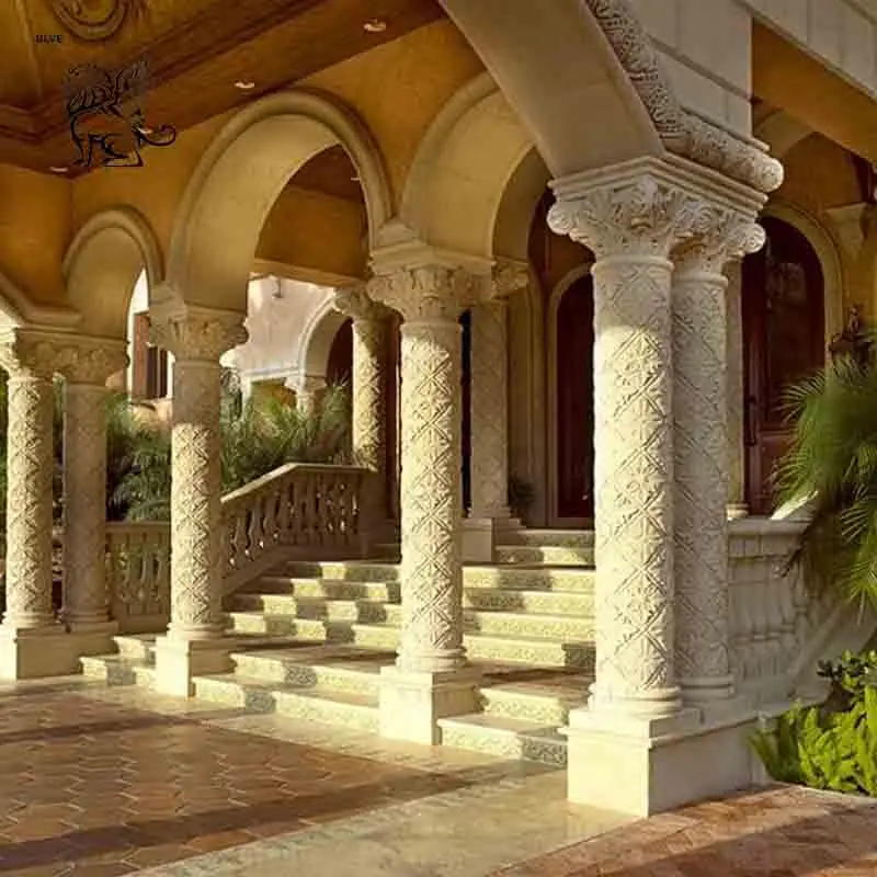 BLVE Luxury Villa Project 3D Design Round White Stone Roman Marble Corinthian Column Decorative Pillars for Sale