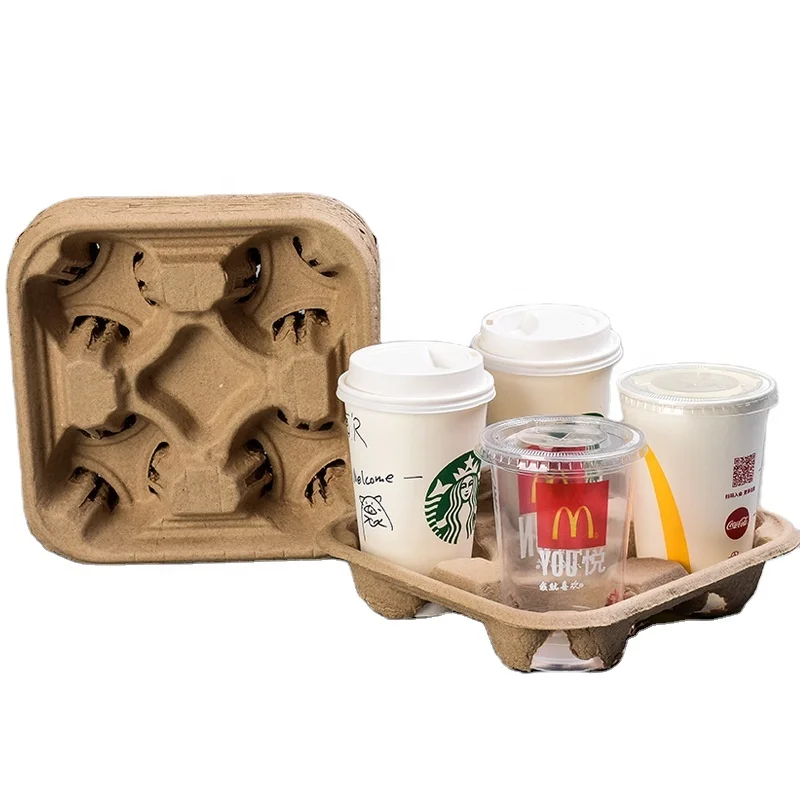 Pulp cup holder coffee paper cup tray takeout packaging cup holder