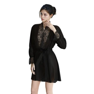 Elegant Satin Night Robe Breathable Soft Thermal Sleepwear Lingerie Elastic Waist Short Length Plain Dyed for Spring