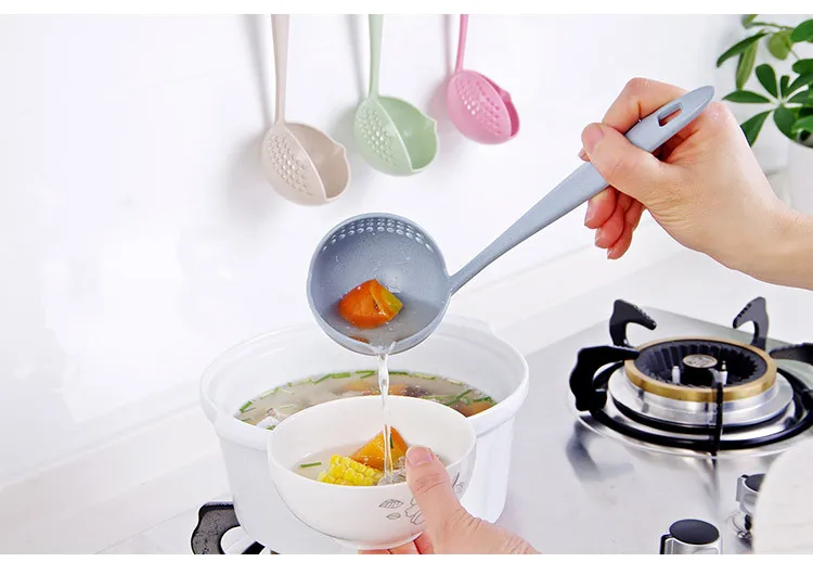 Wheat straw 2-in-1 household kitchen soup spoon Long handle plastic colander strainer tableware fondue spoon scoop scoop factory