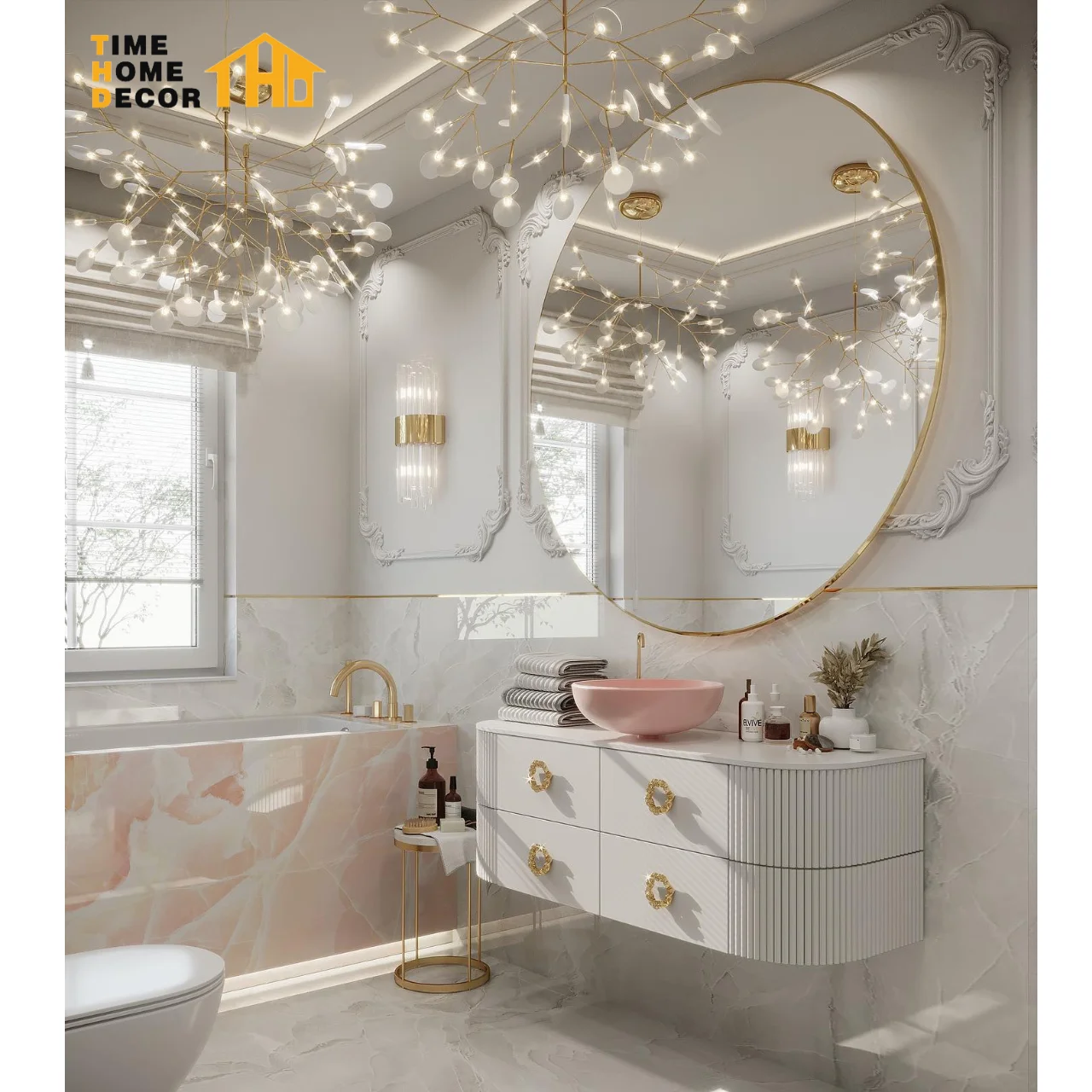 42 Inch Solid Wood Bathroom Vanity Rozowy onyx Curved Groove Design ...