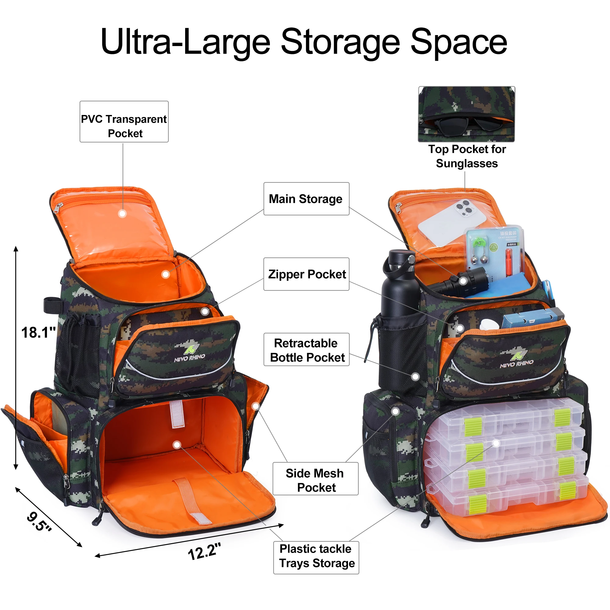 NEVO RHINO 40L Fishing Backpack with 4 Tackle Boxes Fishing Rod Holder Waterproof Rain Cover