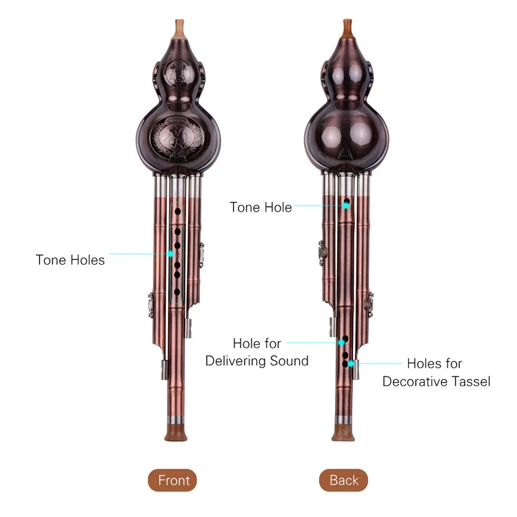3 Tone C-Key Hulusi Gourd Cucurbit Flute with Copper Plated Pipes Chinese Traditional Instrument with Chinese Knot Case