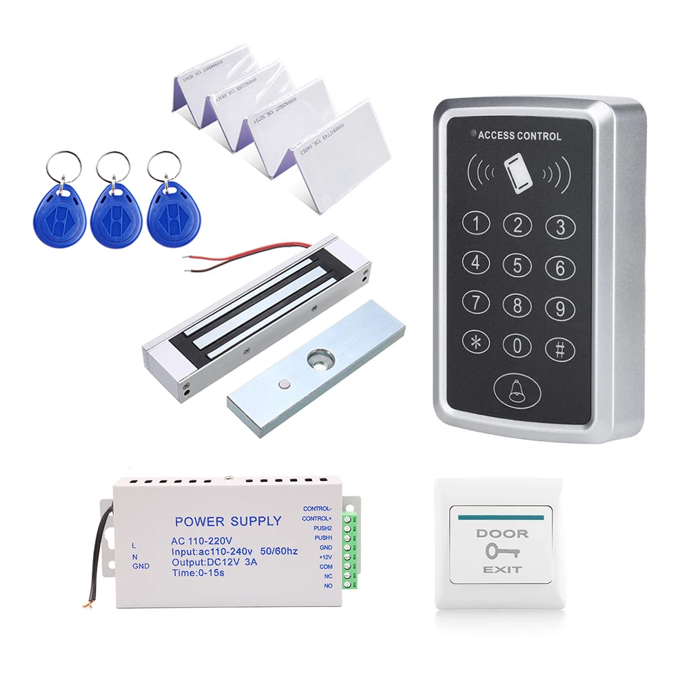 IMAGE Proximity RFID Card Access Control System Kit with 180kg 350LB Electric Magnetic Lock 110-240V AC to 12v DC 3A 36w Power Supply Proximity Door Entry Keypad 10 Key Fobs EXIT Button 