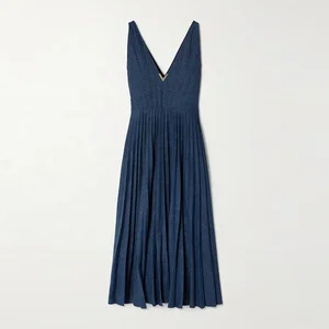 Clothing Manufacturer Custom Spring Summer Blue v Neck Sleeveless Elegant Casual Pleated Women's Denim Dresses