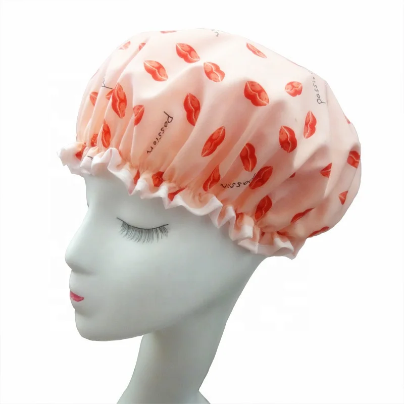 Custom Print Large Xl Double Layer Satin Lined PE EVA Waterproof Shower Cap for Women
