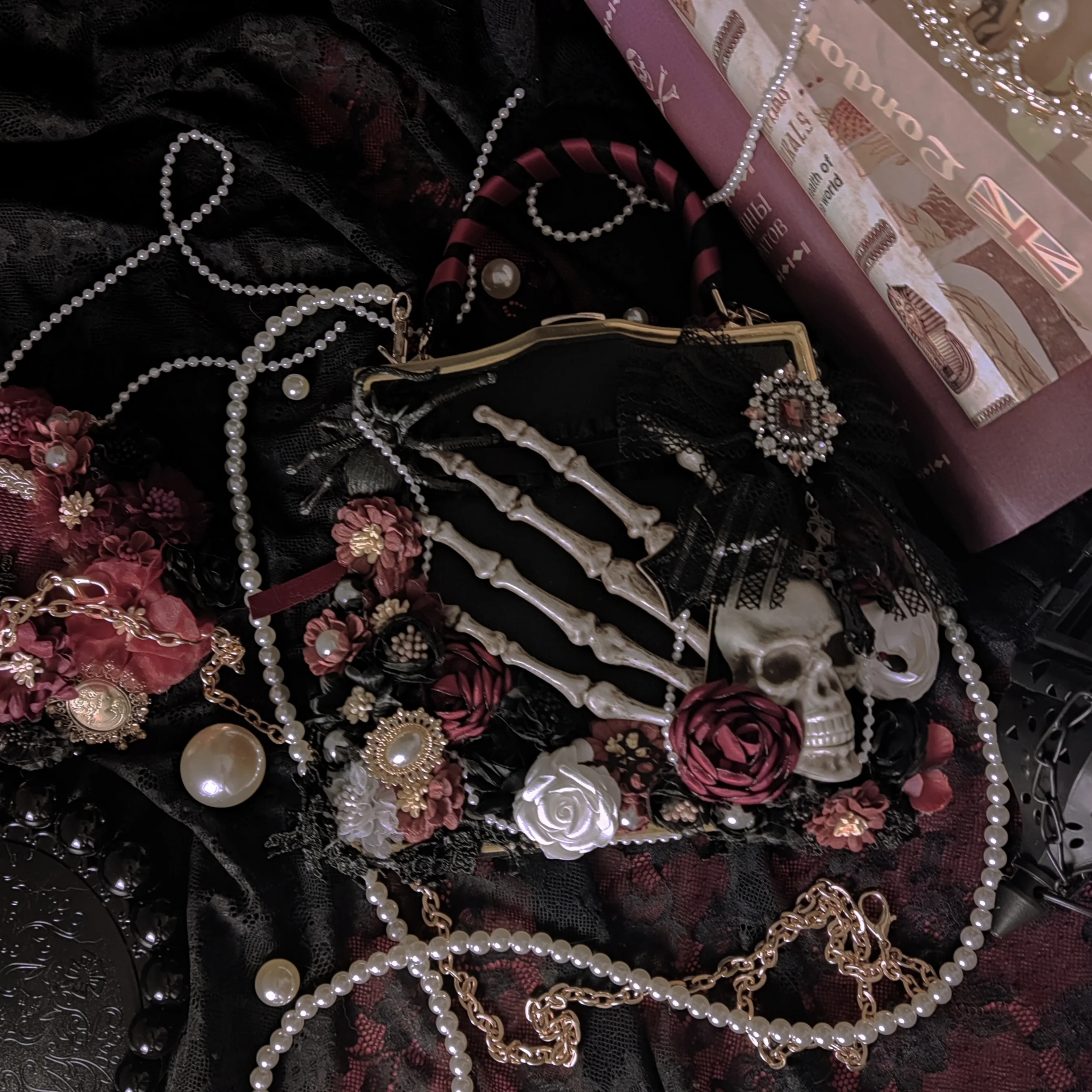 Victorian Gothic Lolita Bag with Skeleton Hand & Black Lace