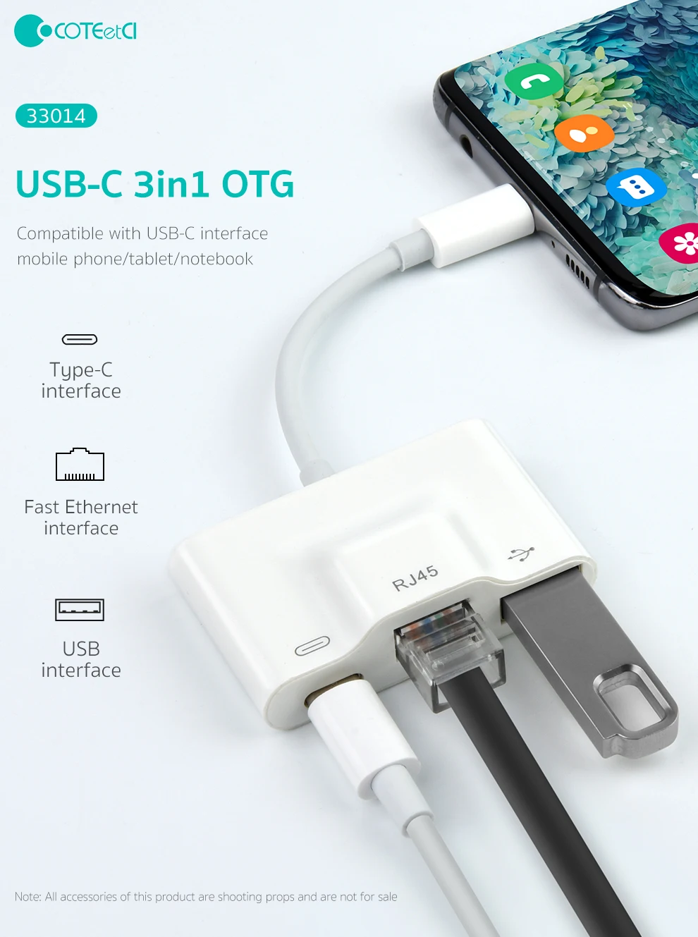 COTEetCI Three-in-one type C USB otg adapter, external network card RJ45 to U disk Ethernet converter