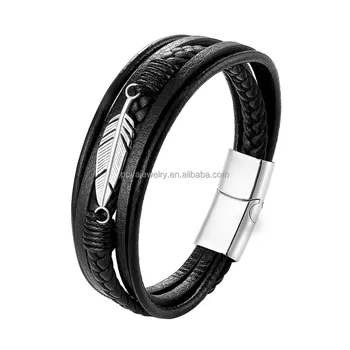 POYA Angel Jewelry Stainless Steel Braided Multi Strand Genuine Leather Bracelet with Feather for Men Jewelry Gift